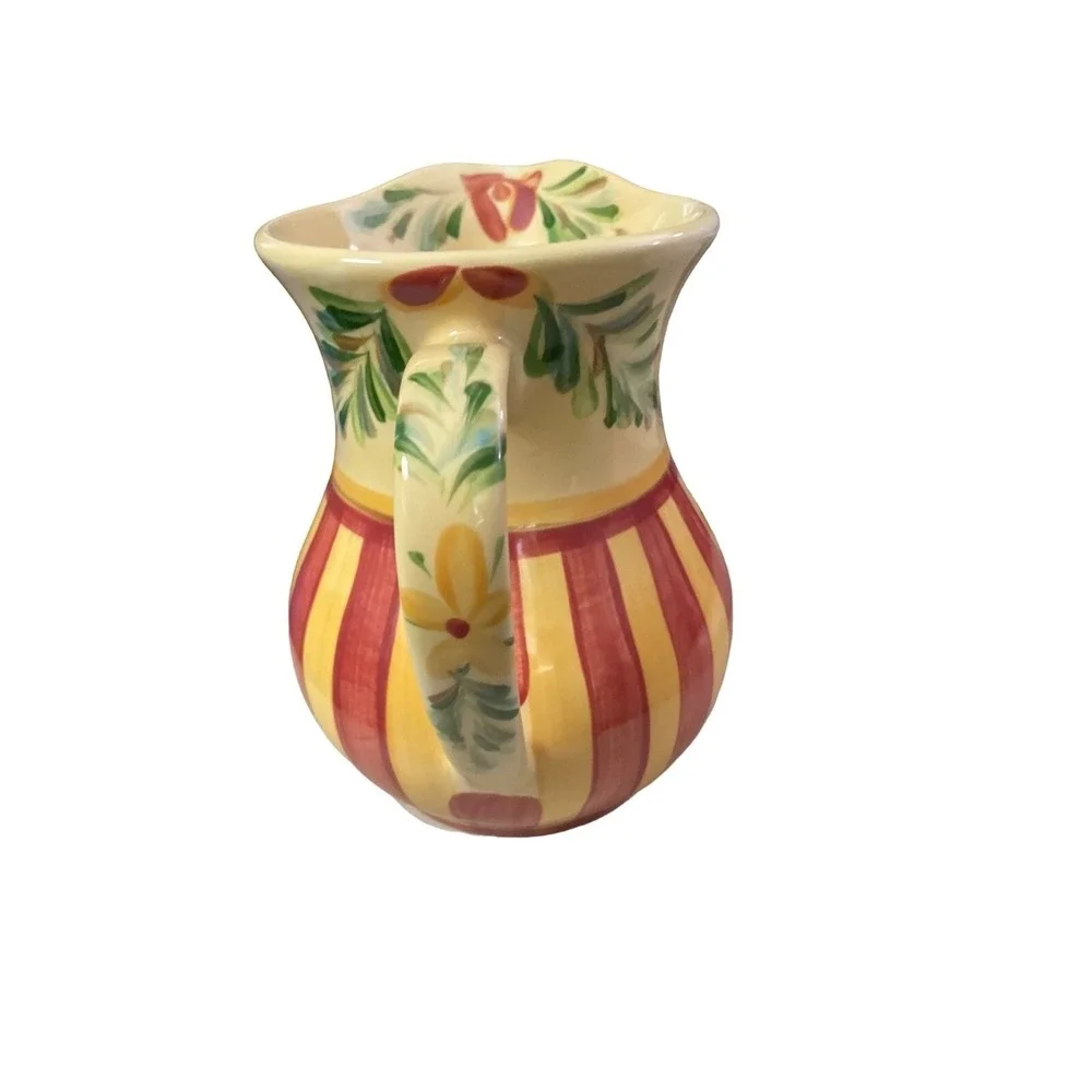 Gail Pittman Ceramic Pitcher Hand Painted Yellow Red Striped Floral Tuscan Decor